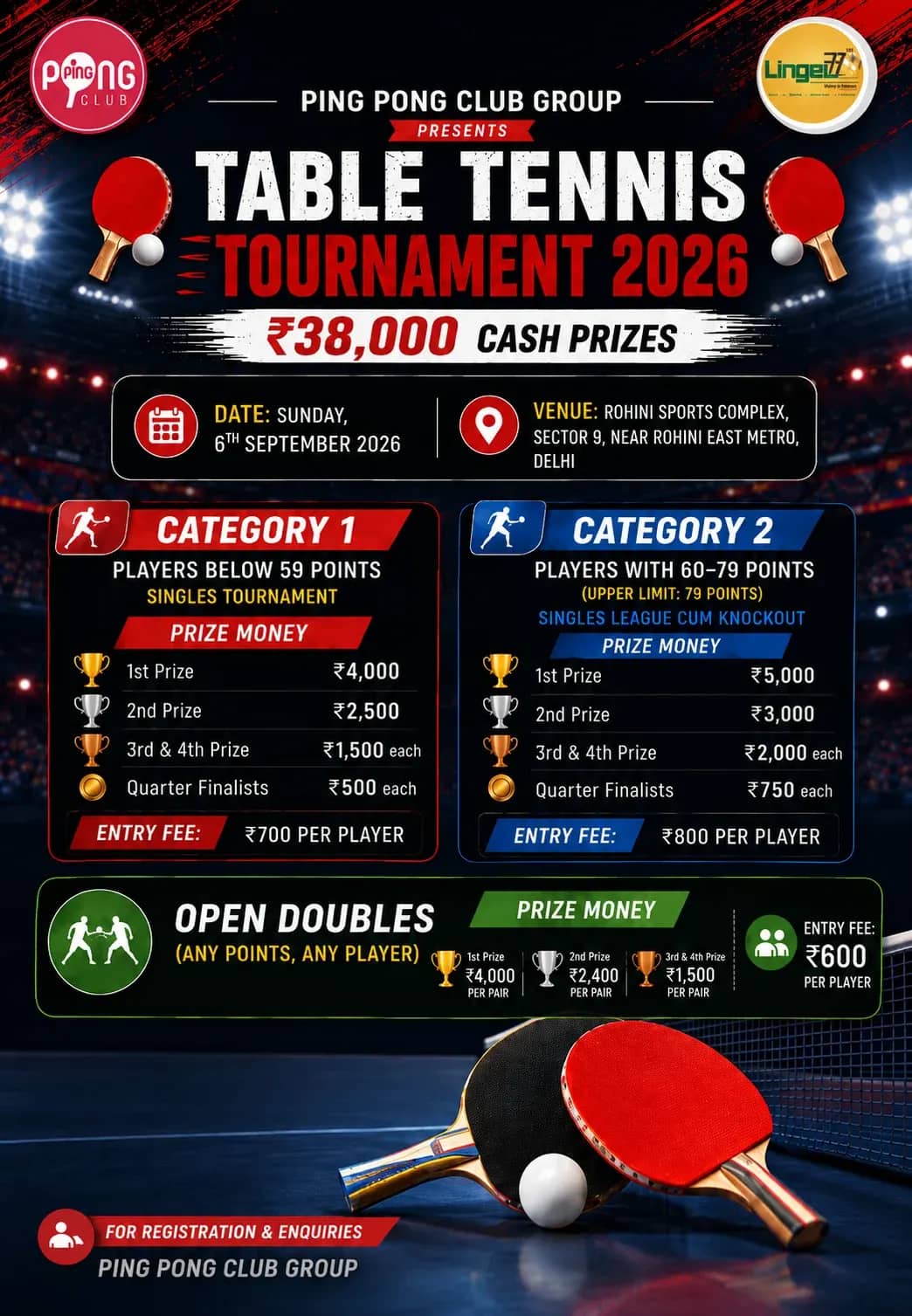 Delhi Table Tennis Tournament 2026 – Compete for ₹38,000 in Cash Prizes!