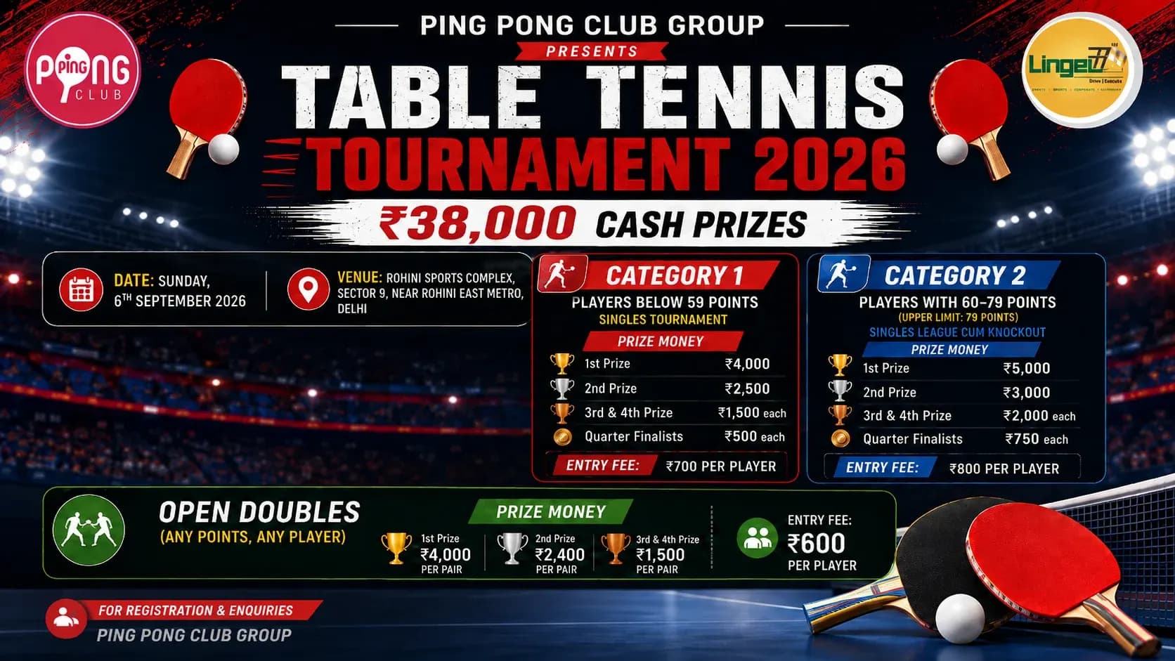 Delhi Table Tennis Tournament 2026 – Compete for ₹38,000 in Cash Prizes!